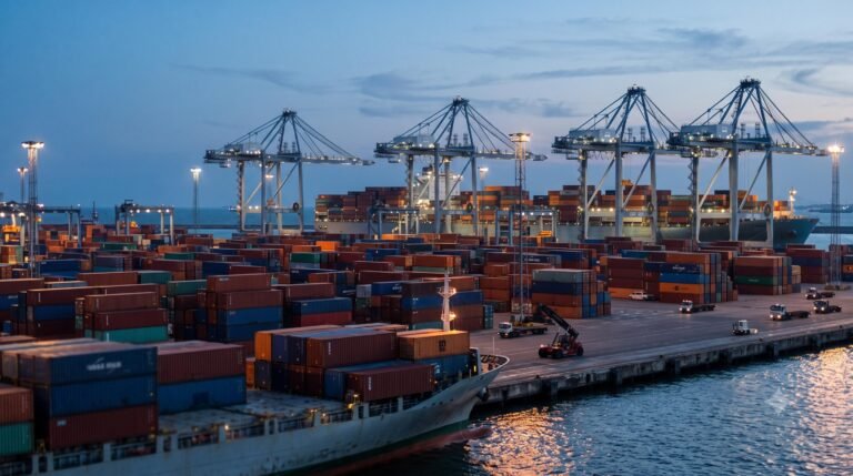 Aerial view of a major international port with stacked containers and cargo ships operating at dusk.
