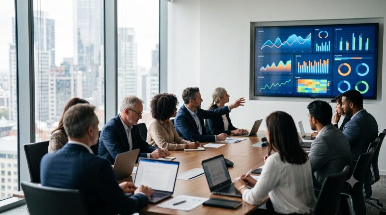 Corporate executives reviewing customer retention data in a modern boardroom.