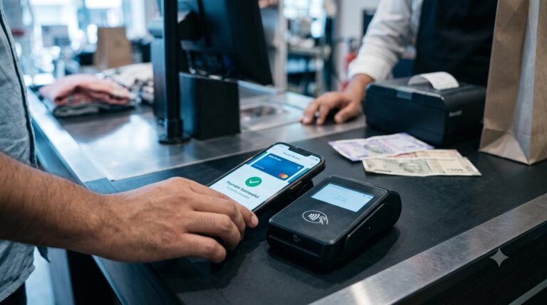 A smartphone using a digital wallet at a contactless payment terminal, representing the rise of digital payments in 2026.