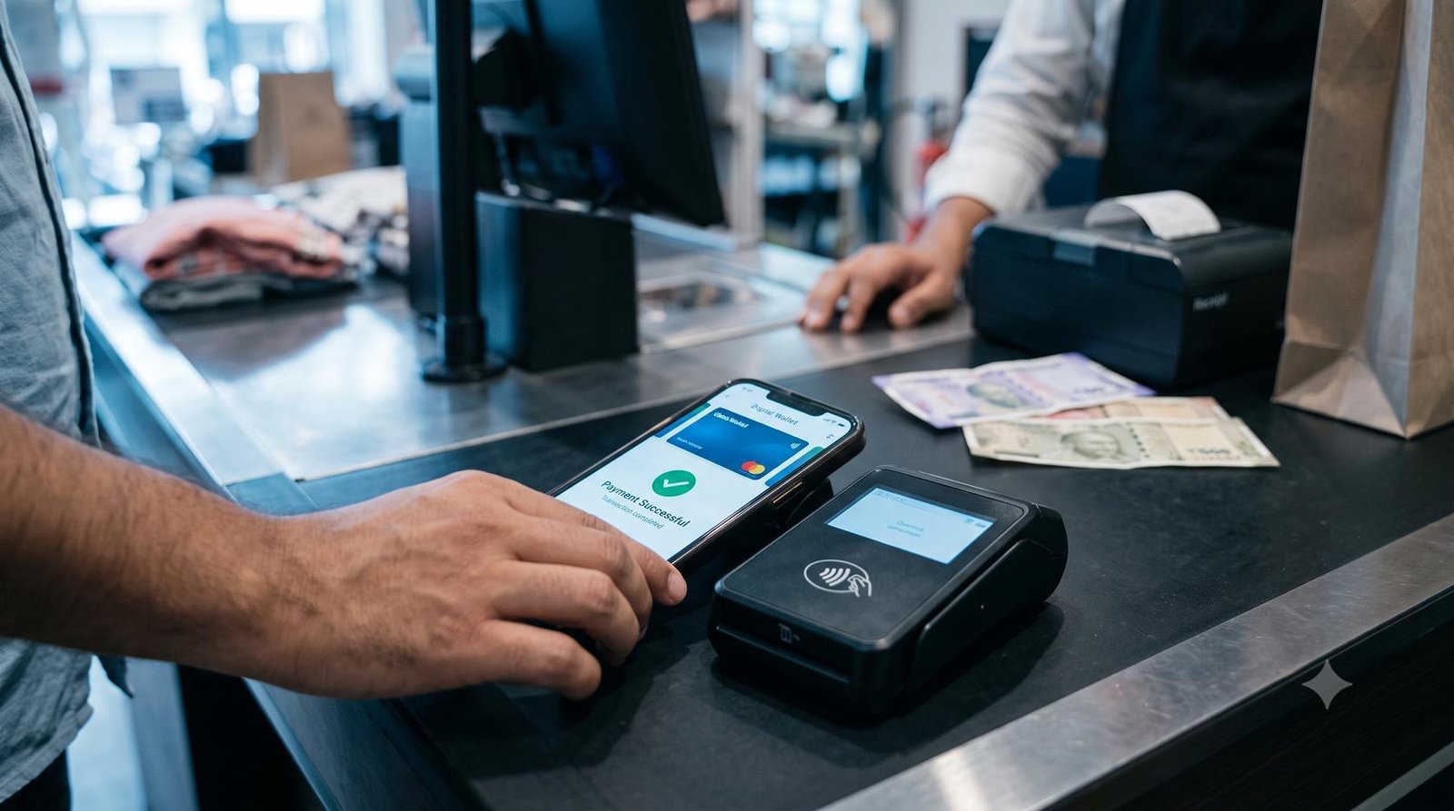 A smartphone using a digital wallet at a contactless payment terminal, representing the rise of digital payments in 2026.