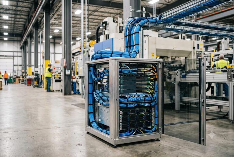 A localized edge computing server rack operating on an industrial factory floor.