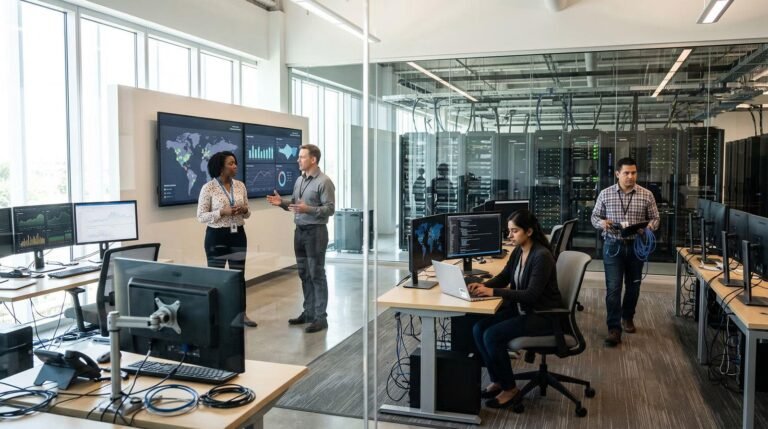 A corporate analyst reviews customer service AI metrics on dual monitors in a modern operations center.