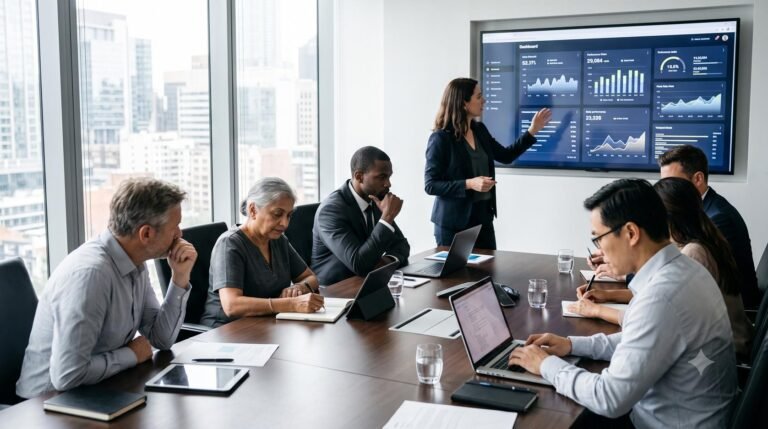 Corporate executives reviewing digital transformation data on a large screen.