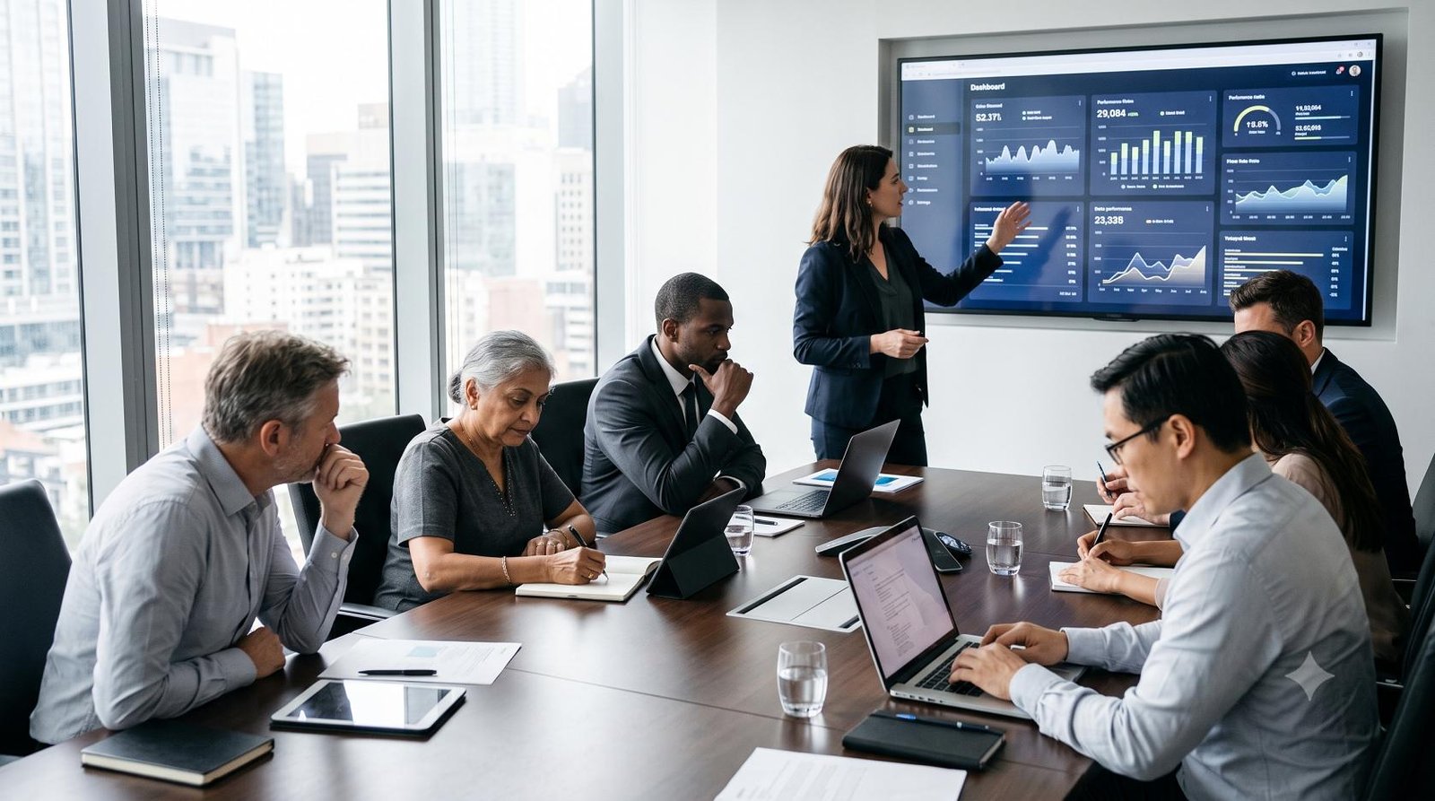 Corporate executives reviewing digital transformation data on a large screen.