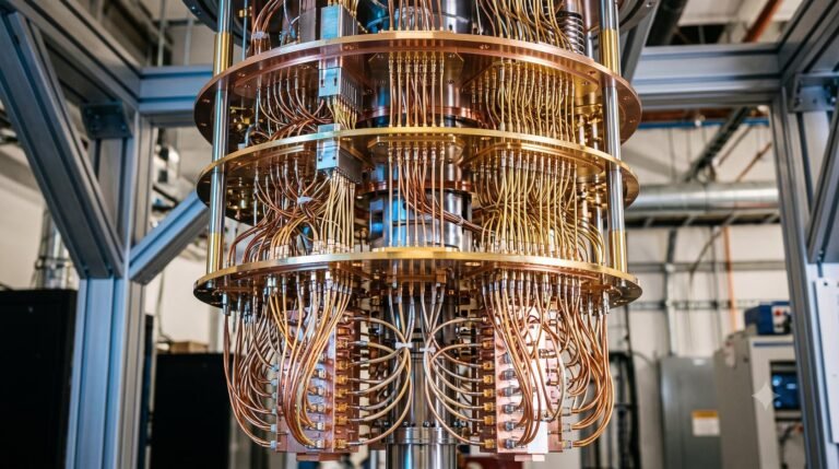 The intricate internal wiring and cooling structure of a modern quantum computer processor.