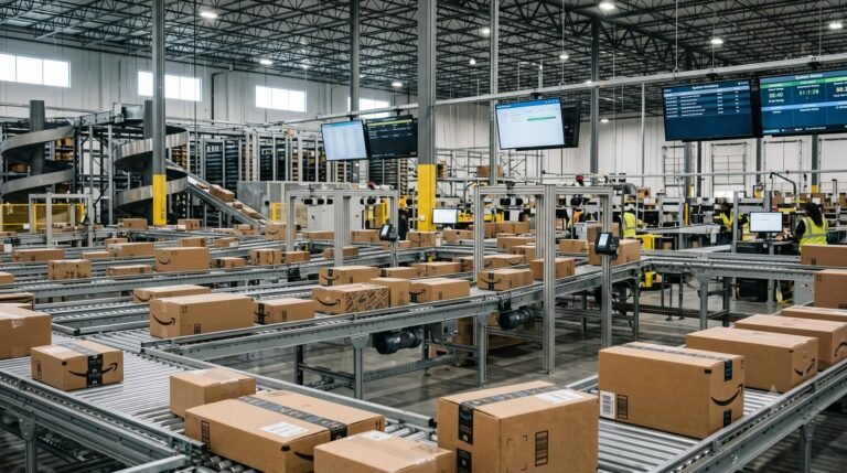 Automated conveyor belts operating in a large e-commerce logistics fulfillment warehouse.