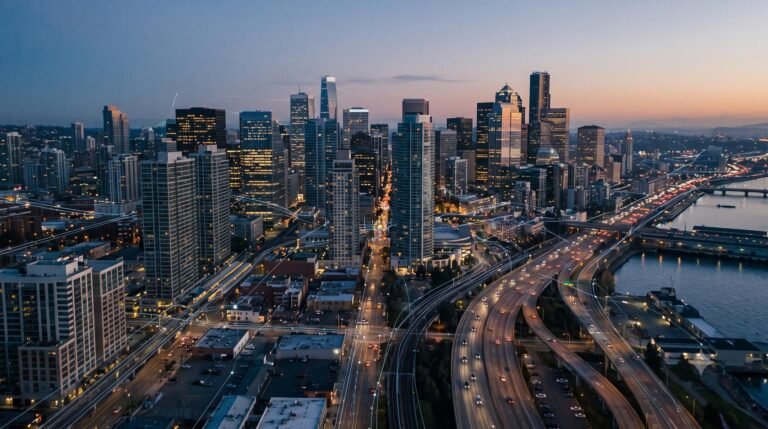A modern urban skyline at dusk highlighting digital infrastructure and smart city connectivity.