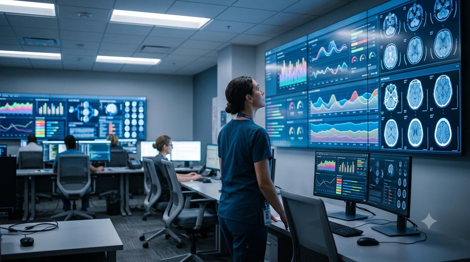 A medical professional analyzing digital patient data on a high-tech screen in a modern healthcare command center.