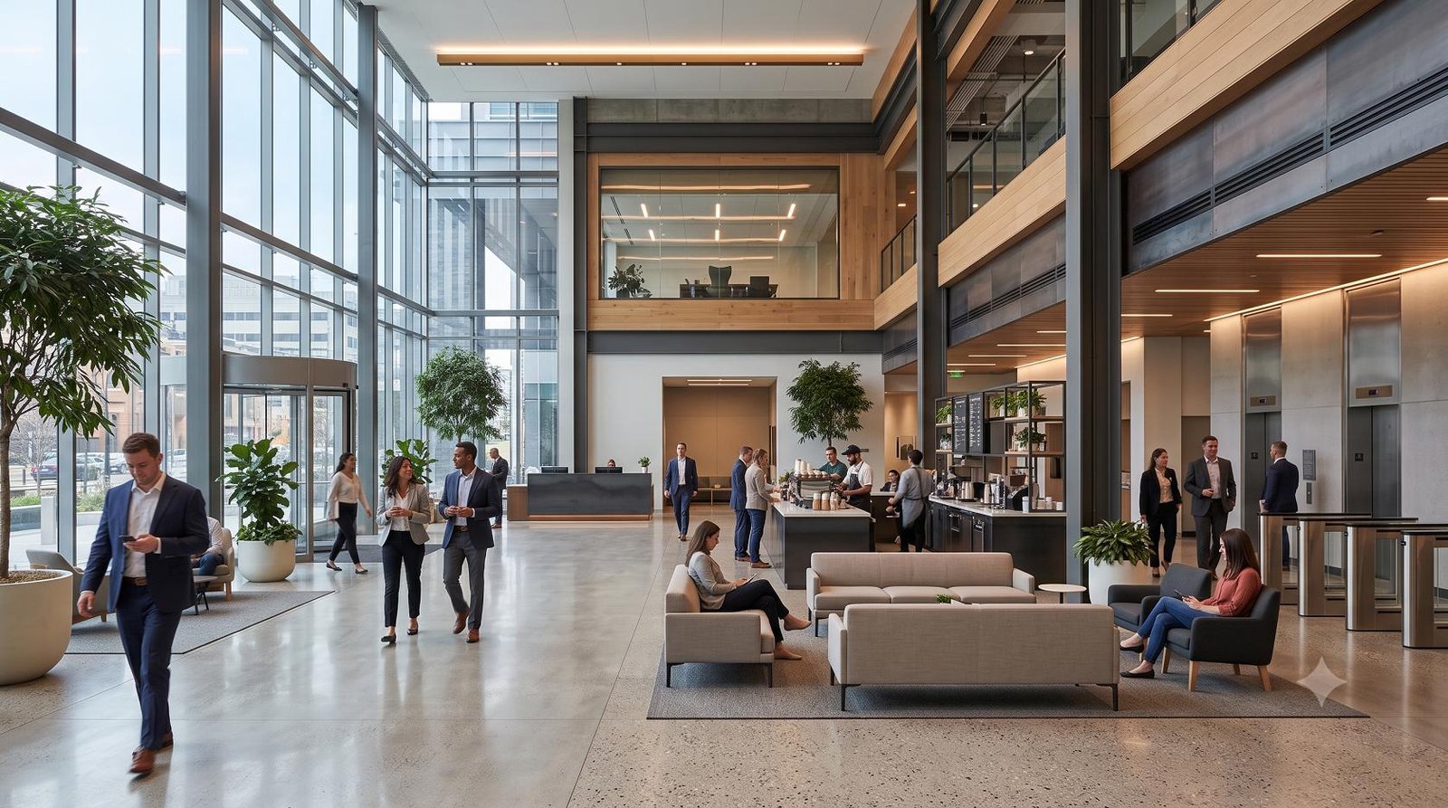 Business professionals conversing in a modern, moderately populated corporate office lobby featuring modular seating.