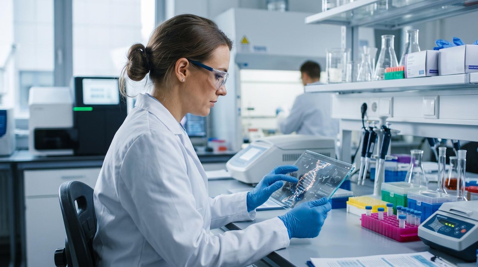 Medical researcher analyzing genomic data on a digital tablet in a modern clinical laboratory.