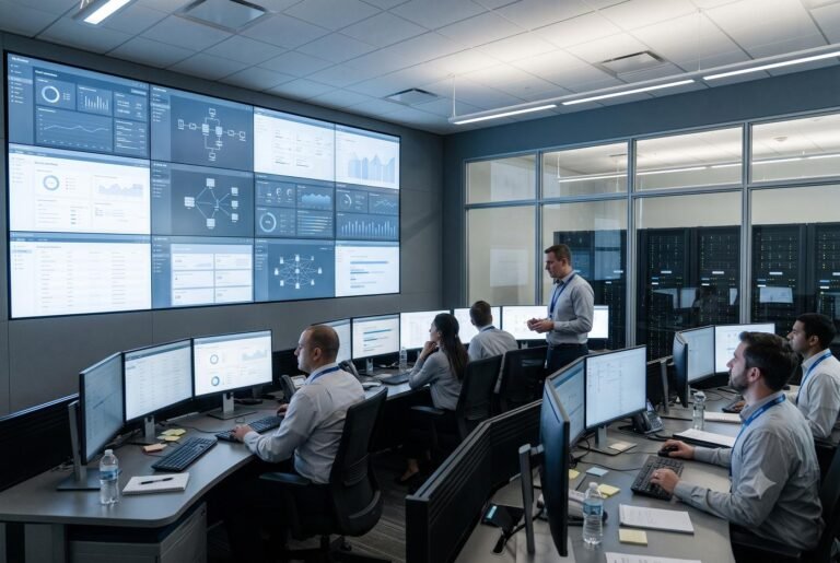 IT professionals monitoring enterprise automation data dashboards in a modern corporate control room.