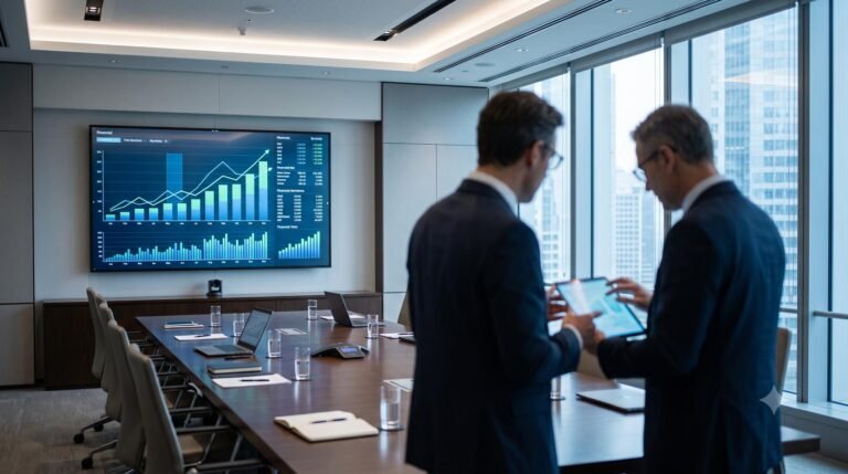 Financial charts displaying upward growth trends for enterprise recurring revenue on a digital screen in a modern office.