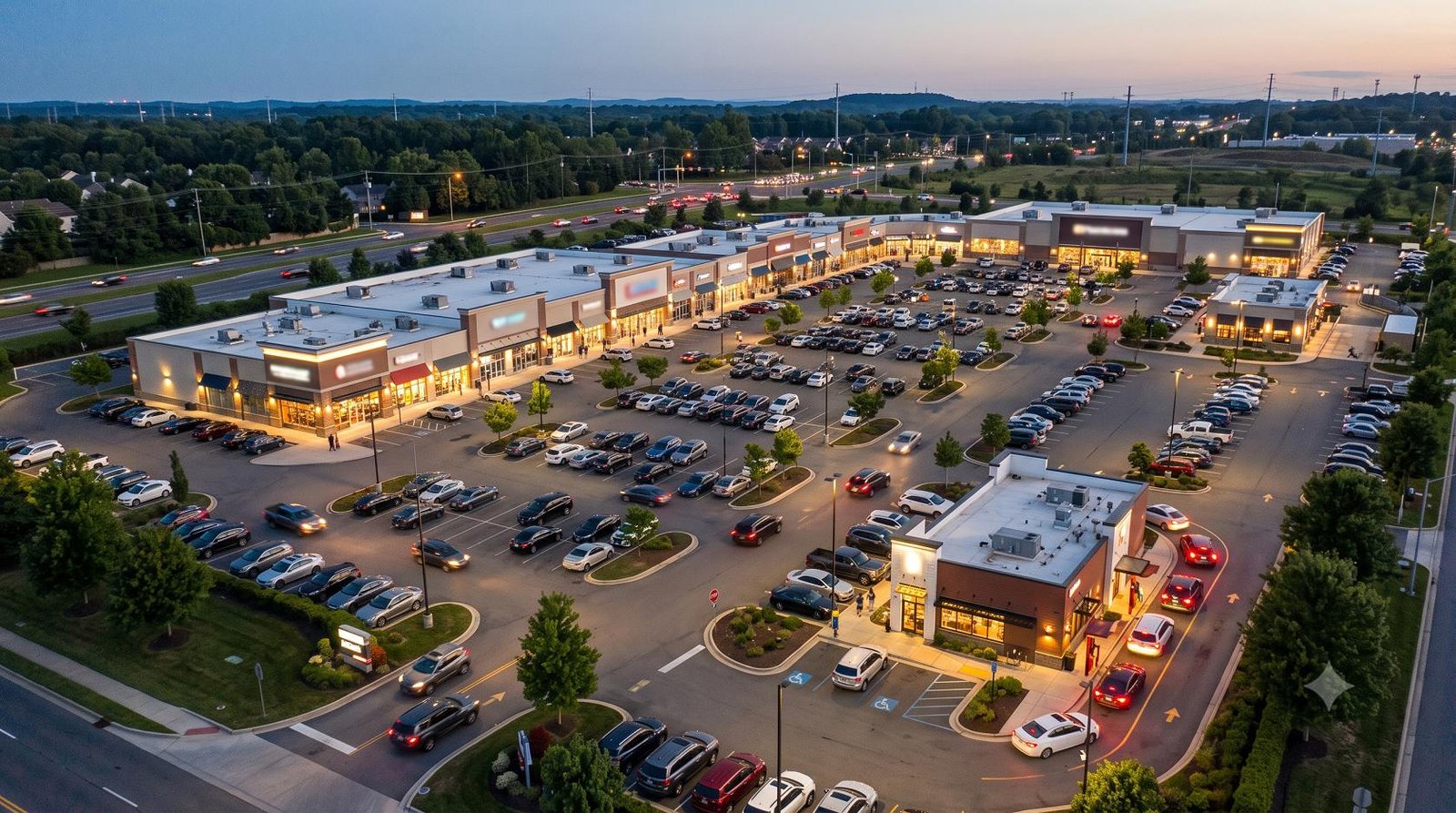 A modern suburban commercial retail center at dusk, representing U.S. franchise business expansion and economic growth.