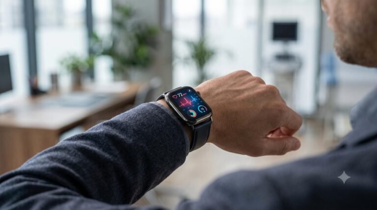 A person wearing a modern smartwatch displaying a biometric health graph on its screen.