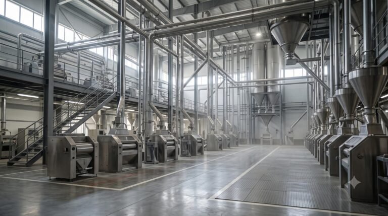 Interior view of a commercial wheat flour milling plant showing modern roller mills and automated processing equipment.
